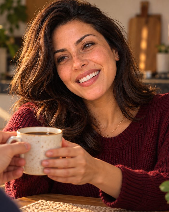 Helena sorrindo na cozinha enquanto recebe uma xícara de café