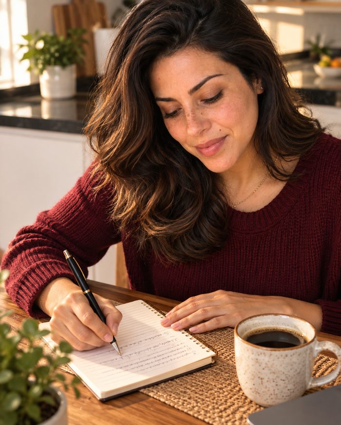 Helena escrevendo num caderno, com uma xícara de café
