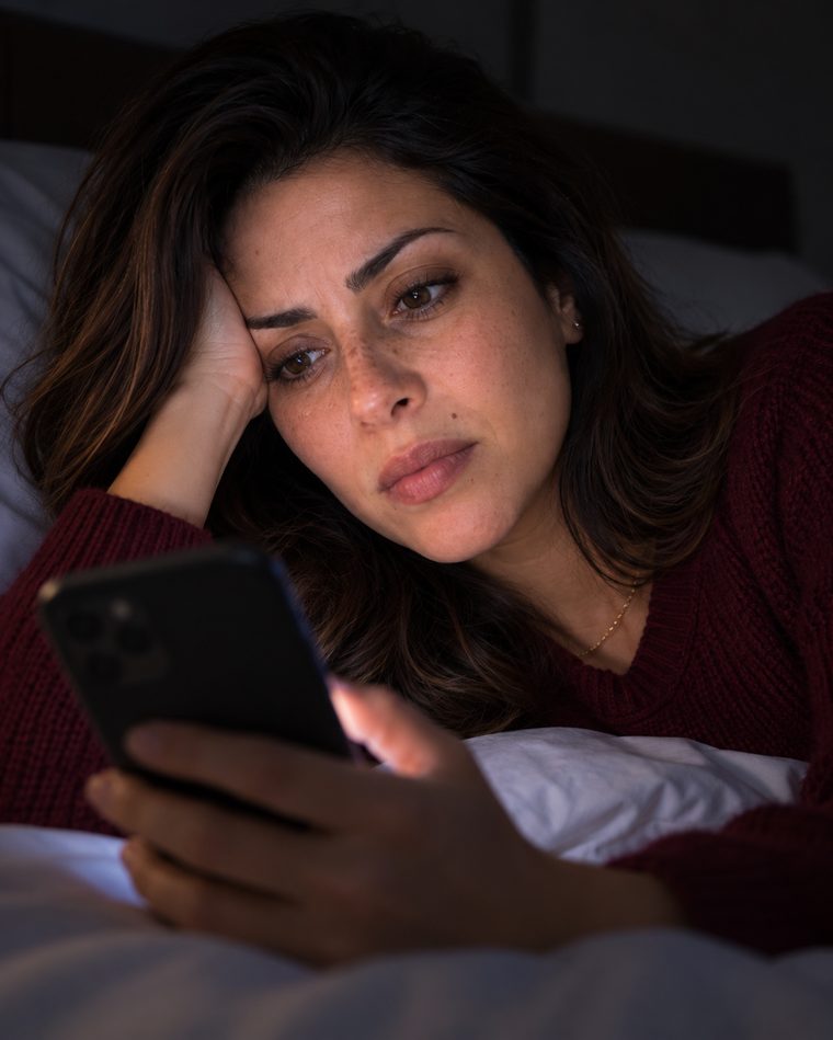 Helena deitada na cama à noite, preocupada, olhando o celular