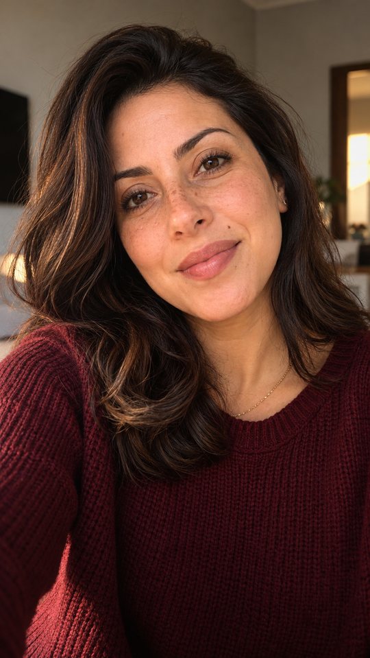 Helena, autora do livro, sorrindo em casa com suéter vinho